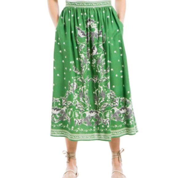 Max Studio London Linen Blend Green Floral Midi Skirt Size Small Pockets Summer - Picture 1 of 14